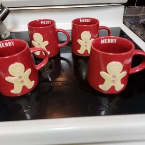 Merry Red Gingerbread Mugs Set